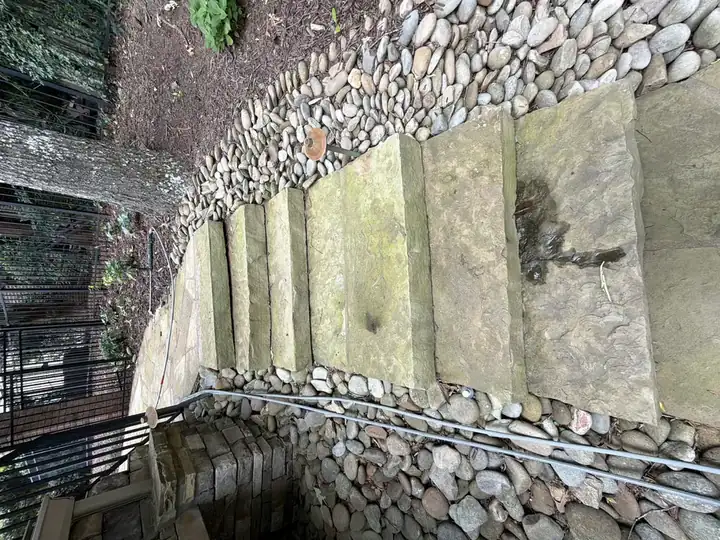 Close-up of flagstone steps covered with algae and green discoloration before pressure washing at a Duluth, GA residence.